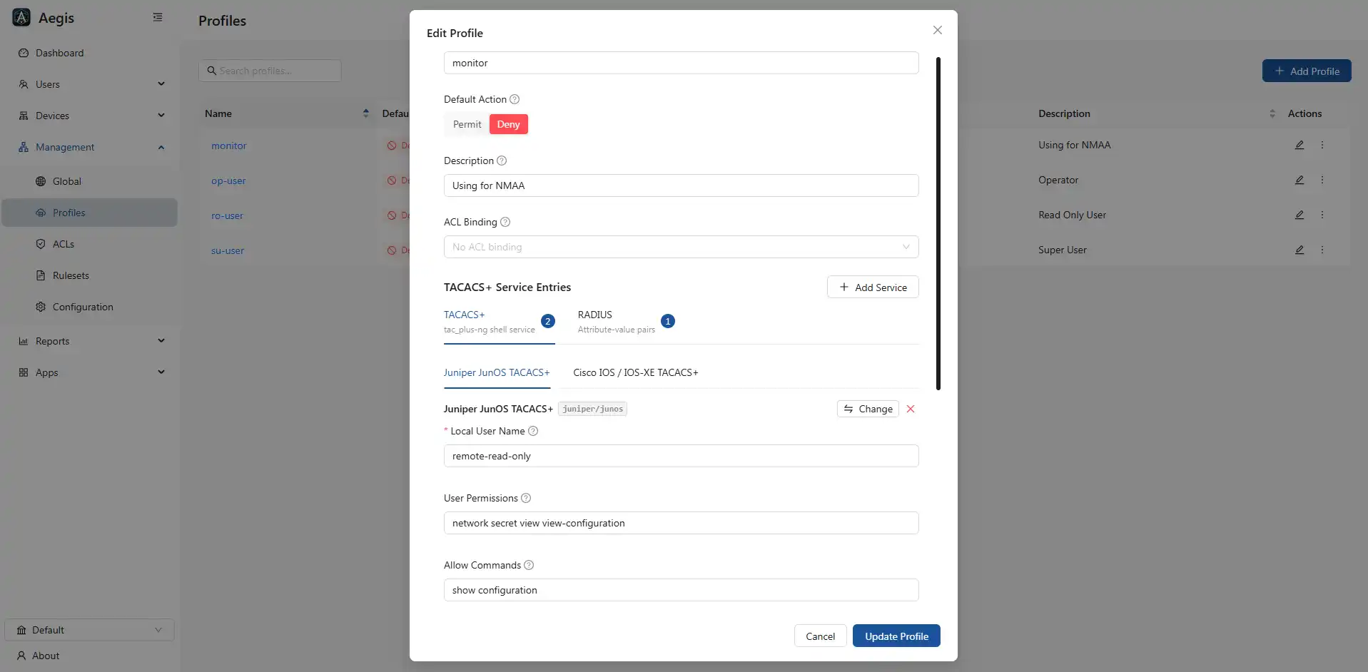 Device access profile editor with permit or deny, TACACS+ and RADIUS entries