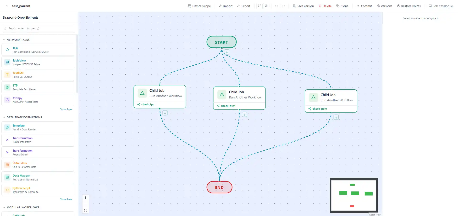 Workflow canvas: a start node fans out to three child jobs and joins at the end